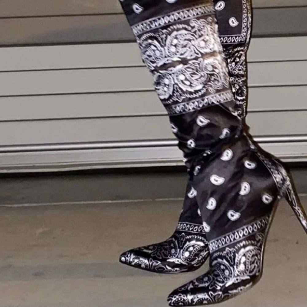 Black Bandana Thigh High Boots New